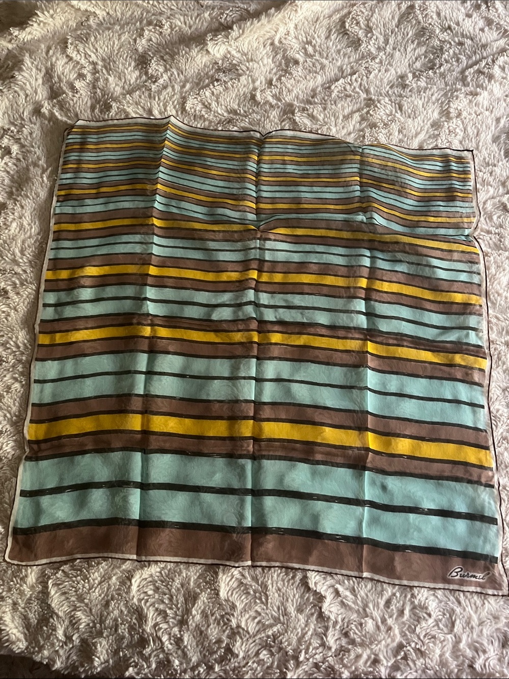 Burmel Striped 100% Silk Scarf in Aqua, Brown & Mustard